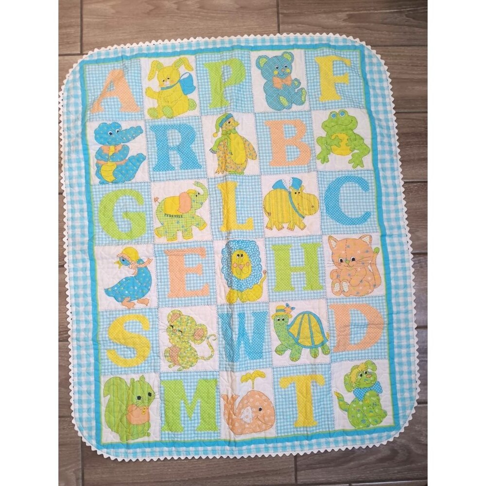 Vintage Hand Made Quilted Baby Crib Blanket, ABC's, Animals Pastel Ric Rac